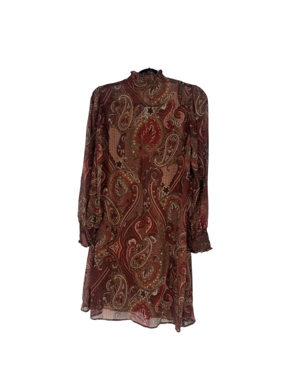 Tommy Hilfiger Metallic Paisley Shift Dress 2 NWT Smocked Mock Neck Brown